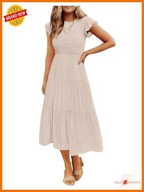 Flutter Short Sleeve Smocked Tiered Midi Dress Casual